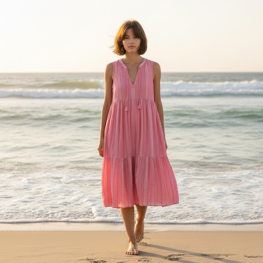 Vineyard Vines Striped Neon Pop Tiered Breezy Maxi Dress Papaya Passion Size M